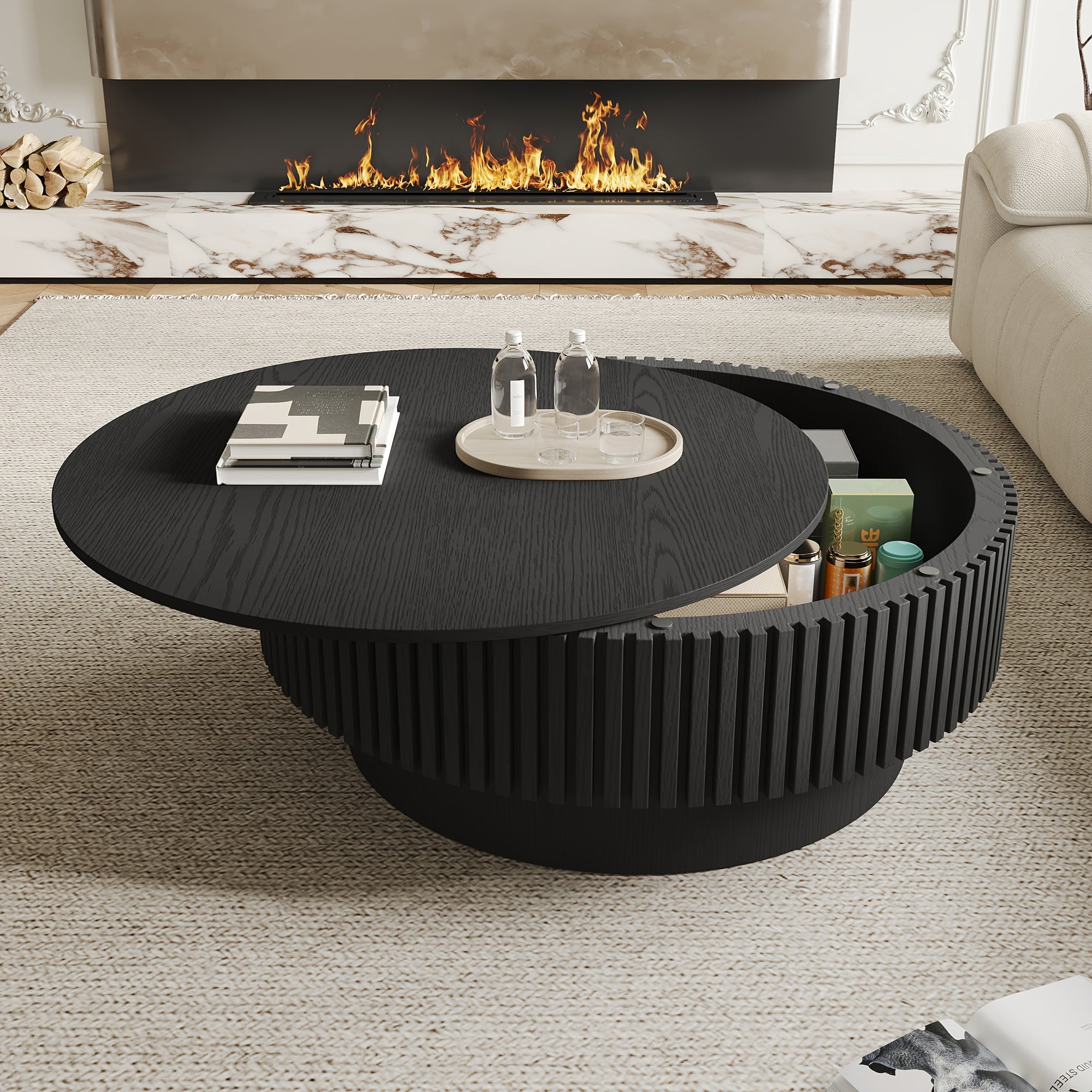 Round Fluted Coffee Table with Storage & Retro Openable Tabletop Wooden Circular Tea Table with Inner Storage Space for Living Rooms Home And Cafes Furniture Black