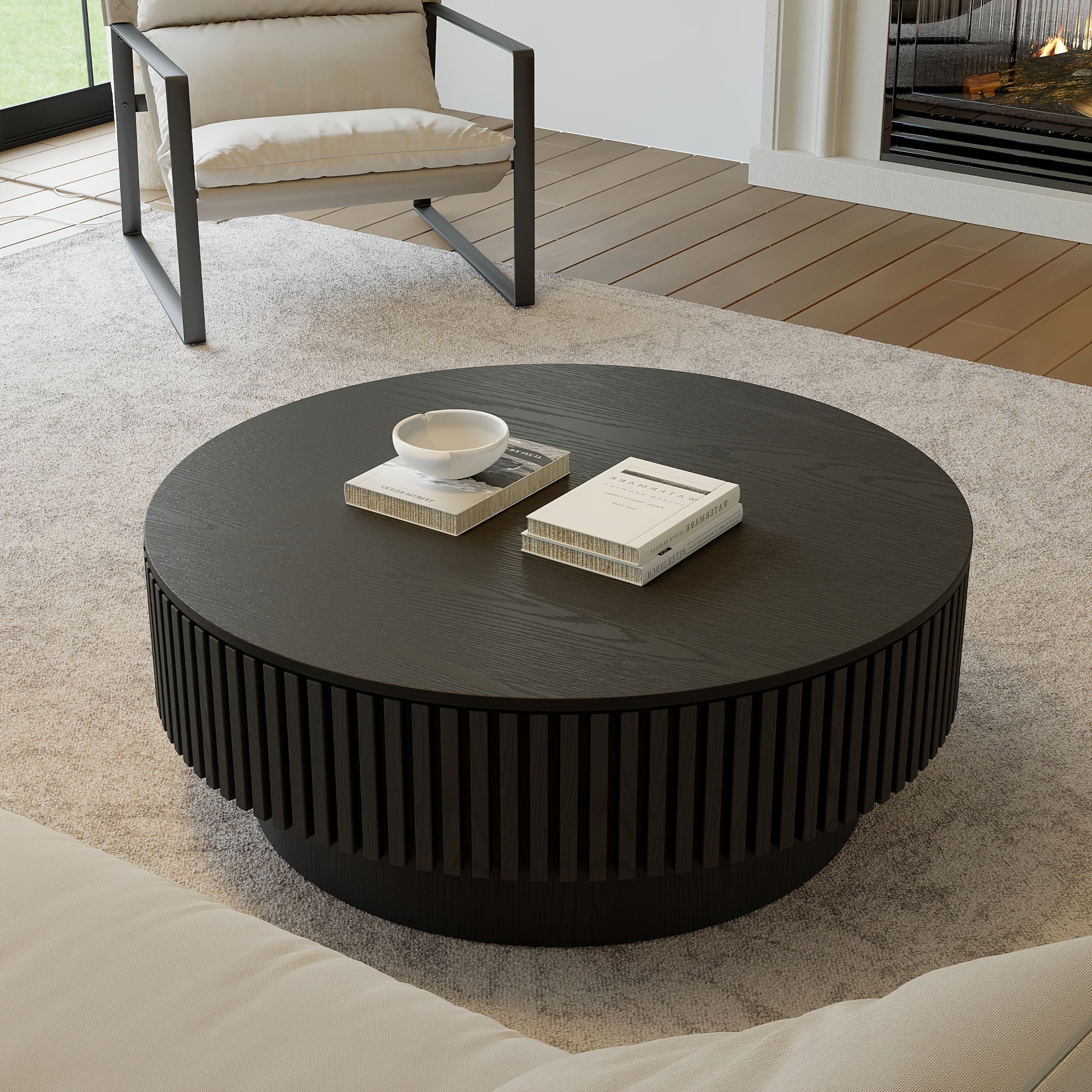 Round Fluted Coffee Table with Storage & Retro Openable Tabletop Wooden Circular Tea Table with Inner Storage Space for Living Rooms Home And Cafes Furniture Black